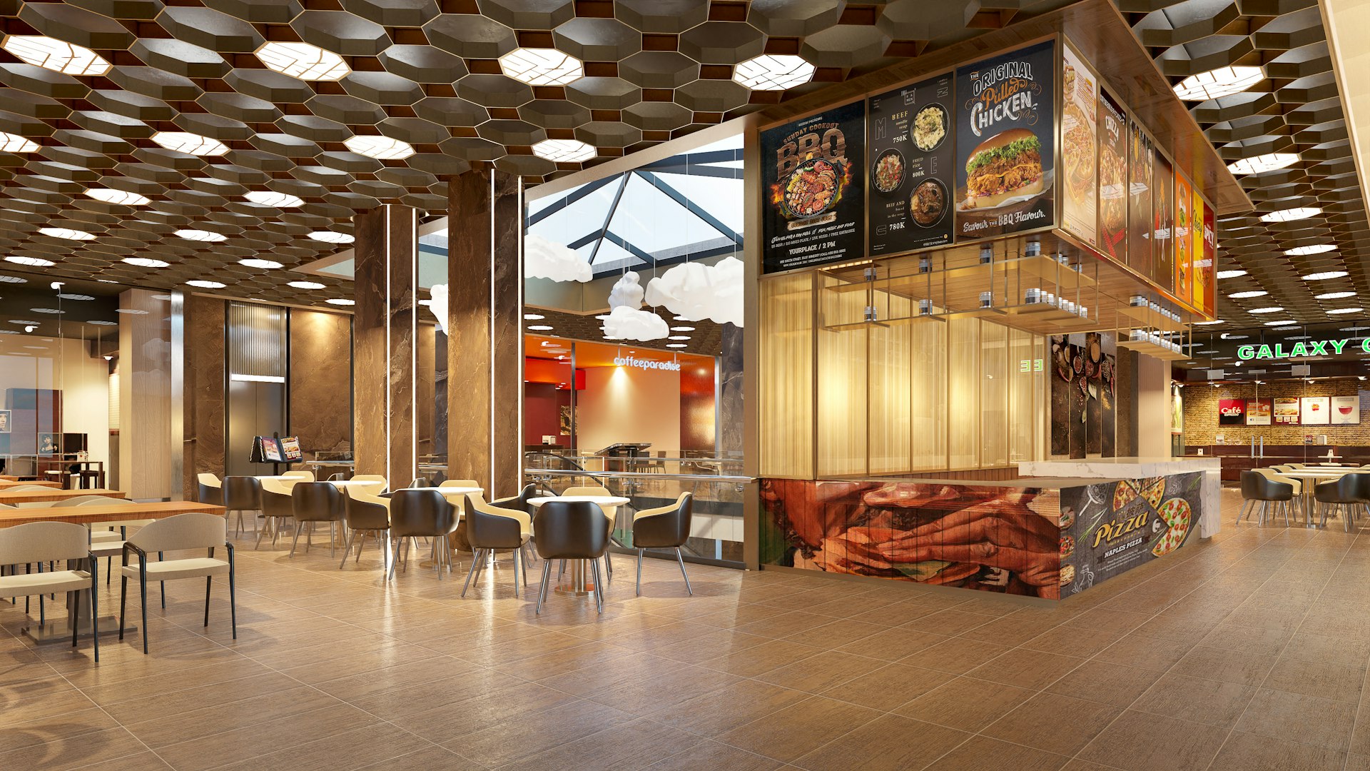 Modern food court with diverse seating and food stalls.